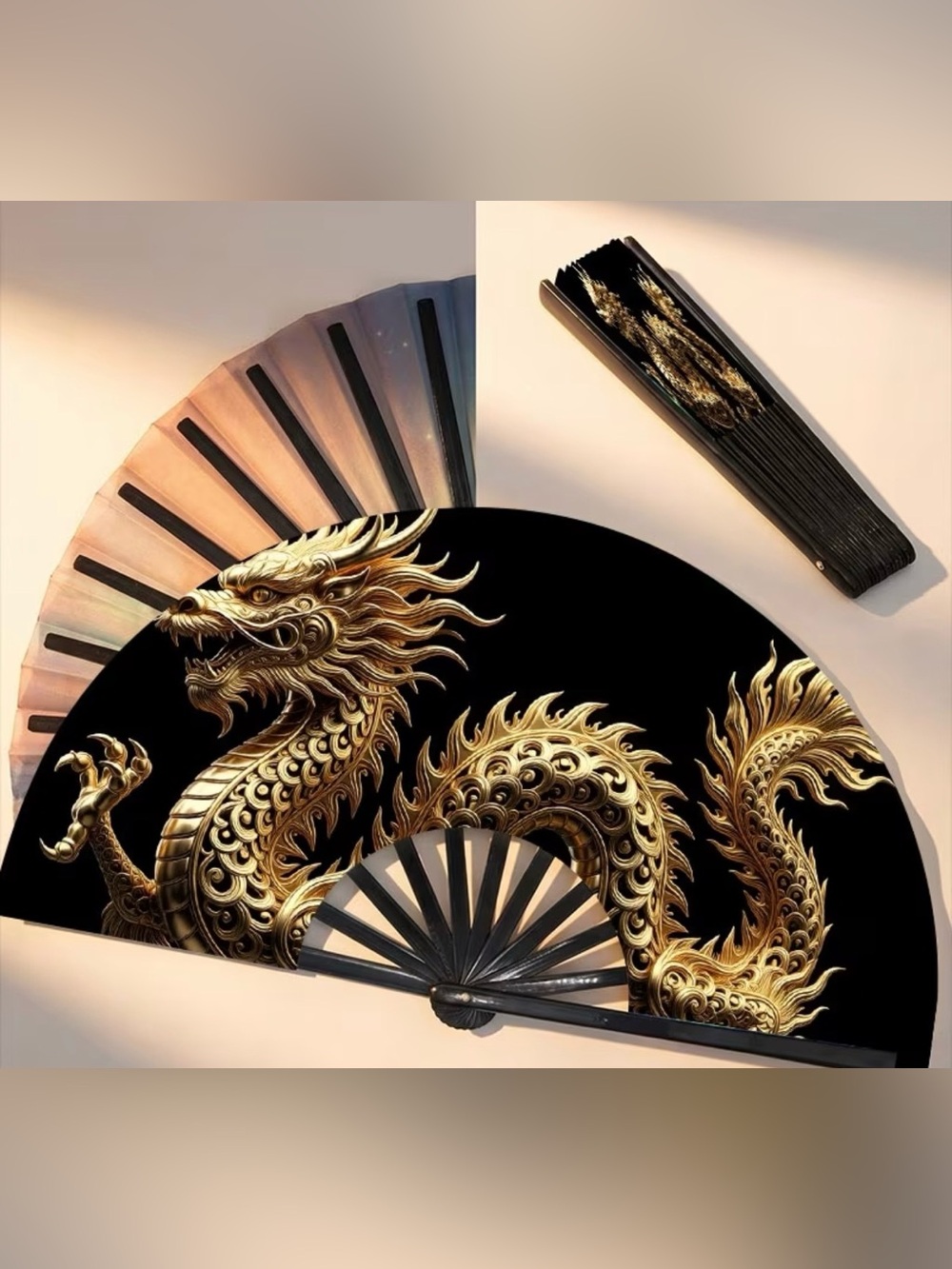 black fan-shaped Dragon Folding Fan in Black & Gold